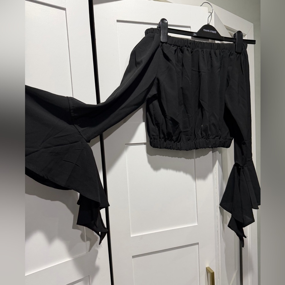 Black Off-Shoulder Ruffle Sleeve Crop Top